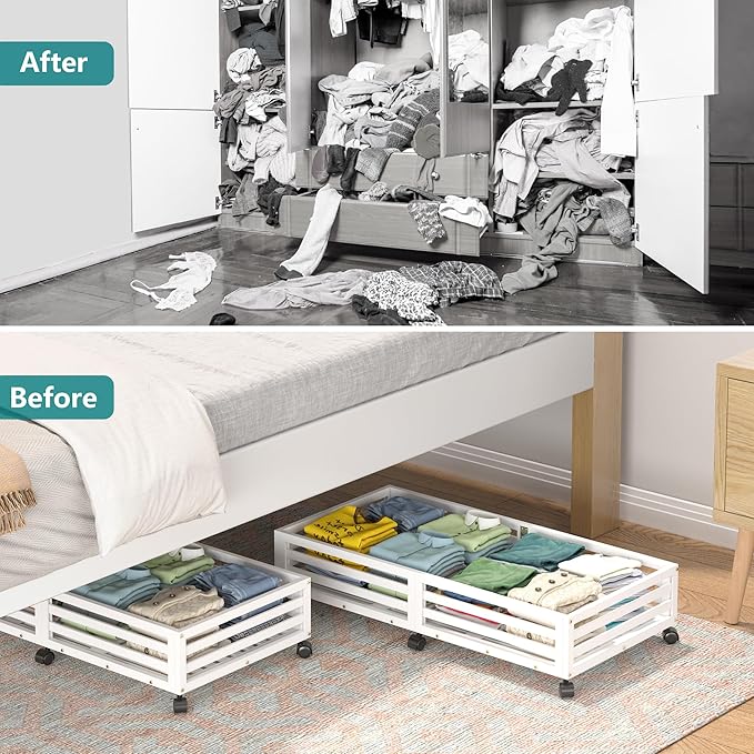 Bamboo Under Bed Storage Containers- Underbed Organizer with Wheels with Large Dust Bag,Sturdy Wood Rolling Under the Bed Shoe Storage Organizer Drawer 2 Packs (White, Long)-NeatNest