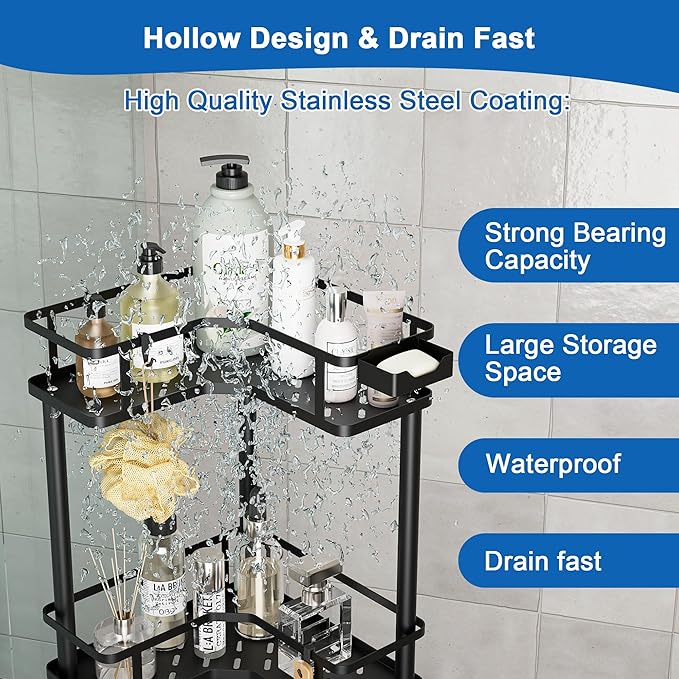 FJNATINH Corner Shower Caddy - 4-Tier Bathroom Organizer with Adjustable Feet, Heavy Duty Shower Shelf for Shampoo, Soap, Towels - Easy Install, No Drilling Required