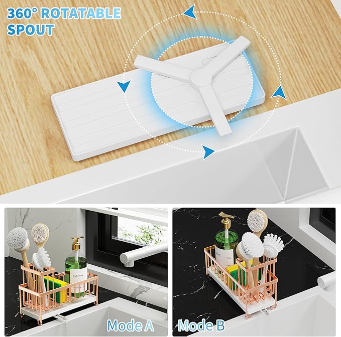 Cisily Rose Gold Sponge Holder for Kitchen Sink, Sink Caddy Organizer with High Brush Holder, Kitchen Countertop Organizers and Storage Essentials, Rustproof 304 Stainless Steel, Soap Dispenser-NeatNest