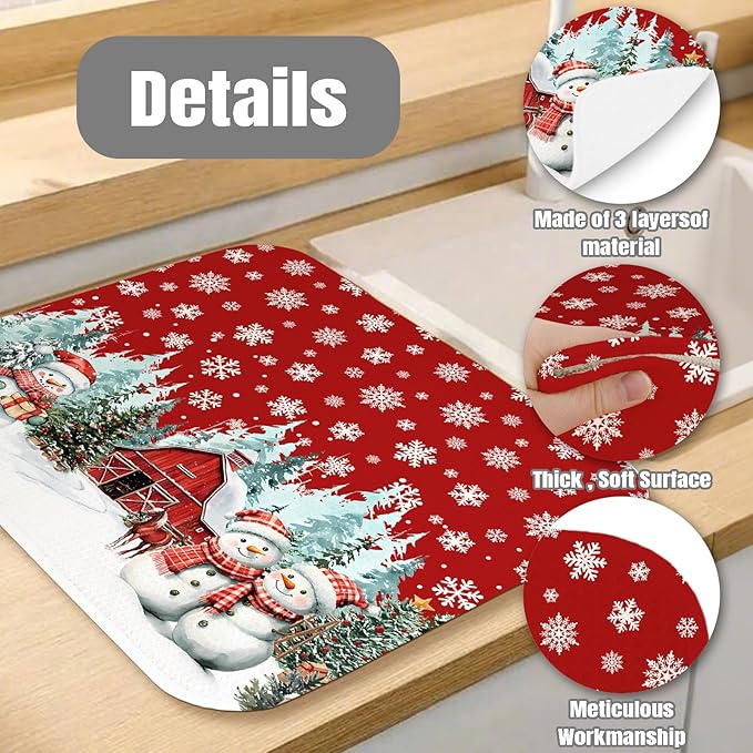 Dish Drying Mat for Kitchen Counter Large 18" x 24" Christmas Farmhouse Rustic Snowman Absorbent Microfiber Dishes Drainer Rack Mats Pad Reusable Washable