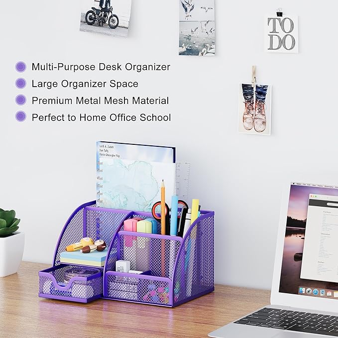 EasyPAG Mesh Desk Organizer, Multi-functional Stationery Organizer for School Supplies, Office Pen Holder for Desk, 6 Compartments Dorm Organization with Drawer, Purple