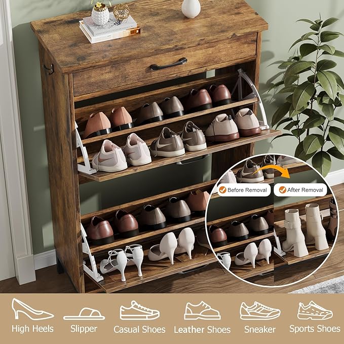 Shoe Storage Cabinet with 2 Flip Drawers, Narrow Shoe Cabinet for Entryway with 1 Top Drawer, Freestanding Hidden Shoe Rack Cabinet with Metal Legs for Foyer, Hallway (Rustic Brown)-NeatNest