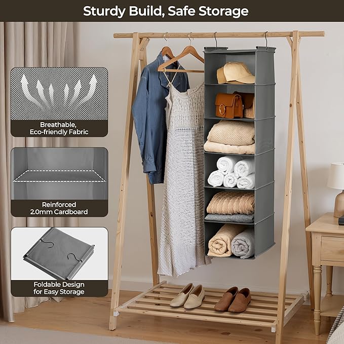 GRANNY SAYS 6 Shelf Hanging Closet Organizers and Storage, Collapsible Closet Hanging Organizer with 2 Sturdy Hooks, Large Hanging Shelves for Closet, Bedroom, Dark Gray-NeatNest