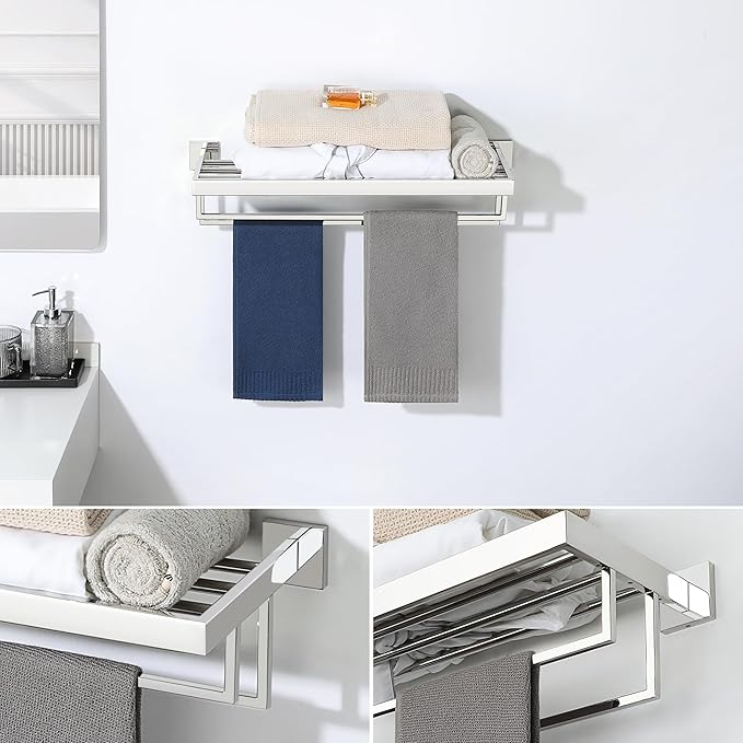 Alise 24 Inch Towel Racks for Bathroom, Towel Rack Wall Mounted with Double Towel Bars, SUS 304 Stainless Steel Towel Shelf, Heavy Duty Hand Towel Holder(Polished Chrome)