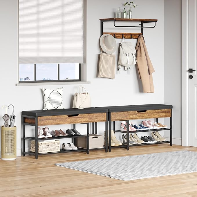 Shoe Rack Bench with Upholstered Cushion, Shoe Storage Bench with Adjustable Shelf and Hidden Storage Compartment for Hallway Entryway Living Room Rustic Brown (2-Tier)-NeatNest