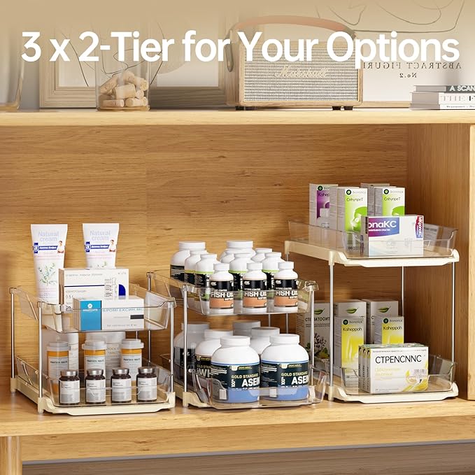 Delamu 2 Sets of 3-Tier Bathroom Under Sink Organizers and Storage, Multi-Purpose Stackable Pantry Organization and Storage, Beige-NeatNest