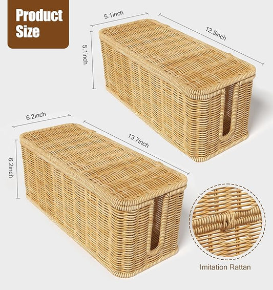 Cable Management Box,2 Pack Handwoven Imitation Rattan Cord Hider Organizer Box with Lid,2 Open Slots Cable Organizer Box for Tv Computer USB Hub to Hide Power Strips & Cords-Brown-NeatNest