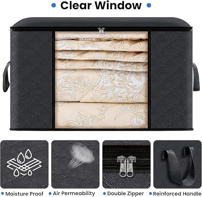 Fab totes 4 Pack Clothes Storage, Foldable Thick Fabric Blanket Storage Bags, Containers for Organizing Bedroom, Closet, Clothing, Comforter,Closet Organization with Handle,Black-NeatNest