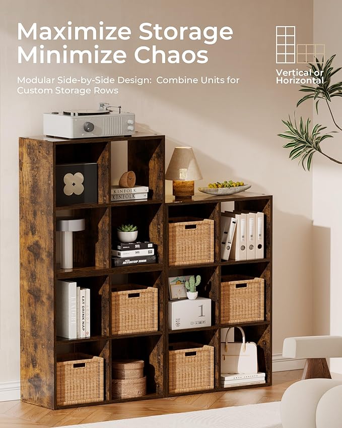 GTPLAYER 8-Cube Storage Organizer, Fits 11" Bins, Vertical or Horizontal Use, Opening Bookshelf, Partial Back Panels, Stackable Design Bookcase, for Living Room, Media Console, Hallway, Rustic Brown