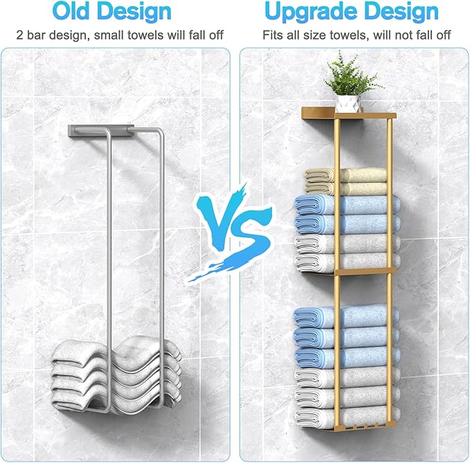 Towel Rack for Bathroom, Wall Mounted Vertical Rolled Towel Storage Organizer Holder with Shelf, Holds Up 6 Large Bath Sheets, Gold