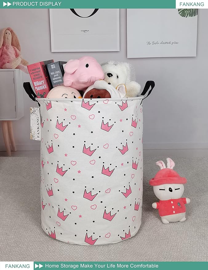 FANKANG Storage Basket, Nursery Hamper Canvas Laundry Basket Foldable with Waterproof PE Coating Large Storage Baskets for Kids Boys and Girls, Office, Bedroom, Clothes,Toys(pink crowns)