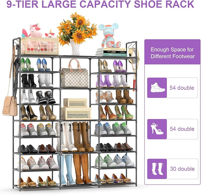Kottwca Shoe Rack Organizer, Large Shoe Rack for Entryway Closet, Metal Shoe Shelf for Shoes and Boots, Big Non-Woven Fabric Shoe Storage Organizer with Hooks for Cloakroom, Black…-NeatNest