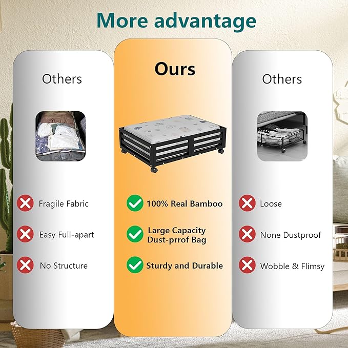 Bamboo Under Bed Storage Containers- Underbed Organizer with Wheels with Large Capacity Dust Bag,Sturdy Wood Rolling Under Bed Shoe Storage Organizer 2 Packs (Black, 2 Packs (23.62"×16.54"))-NeatNest