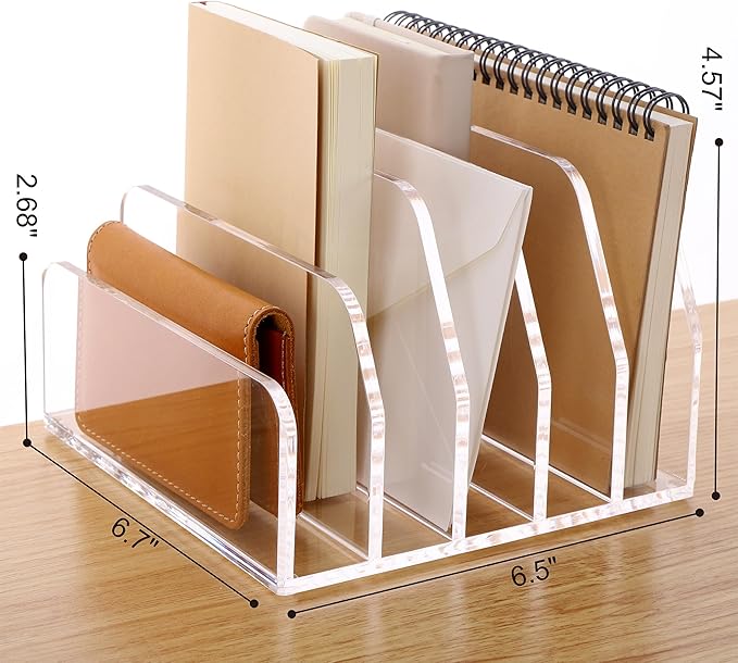 SANRUI Acrylic Desk File Organizer Holder for Desk, Clear Laddered 5 Upright Compartments Mail Sorters, Multifunction Desktop Envelope Folder Racks Document Holders for Office, Home, School-NeatNest