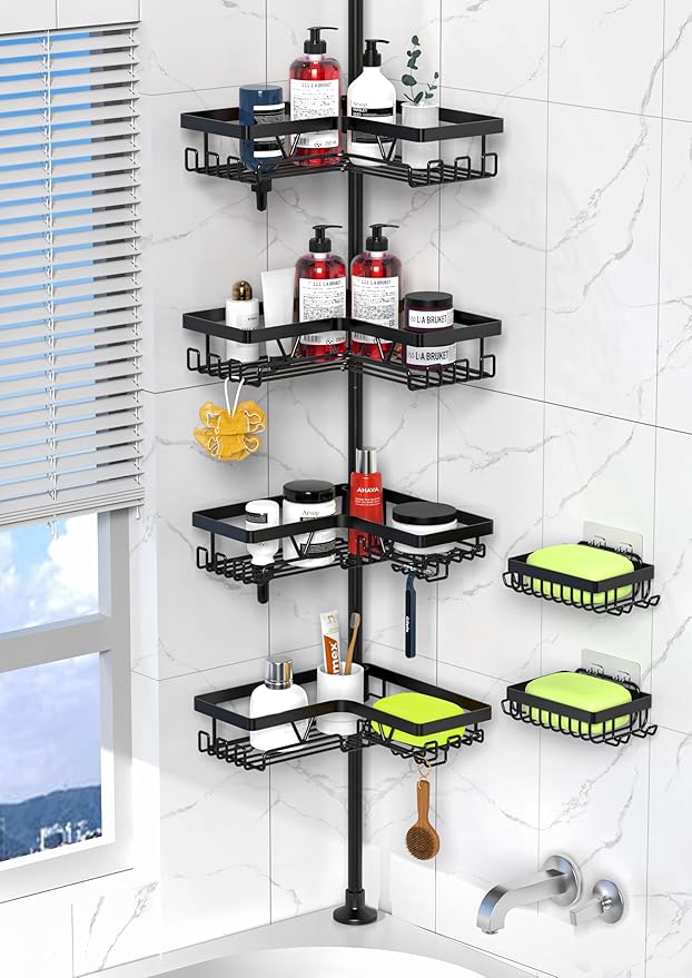 Tension Pole Shower Caddy Corner - 4 Tier Floor to Ceiling Bathroom Shower Organizer 25-112.4 inch Adjustable, Multiple Hooks, 2 Extra Soap Holders, Stable Base, Rustproof, Black