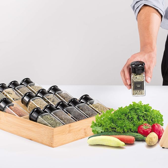 Bamboo Spice Rack Organizer for Drawer 3 Tier Bamboo Spice Tray Cabinet for Kitchen Storage and Organizer (Pre-Measure Your Drawer)(1 Pack, Drawer)-NeatNest