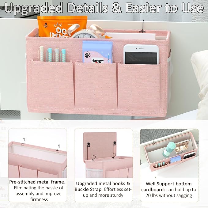 Dual-purpose Bedside Caddy Bedside Organizer, Bed Caddy with 6 Pockets, Versatile Bedside Storage Solution Magazine Remotes holder, ideal for Home, Dorm, Hospital, Crib Bed (Pink)-NeatNest