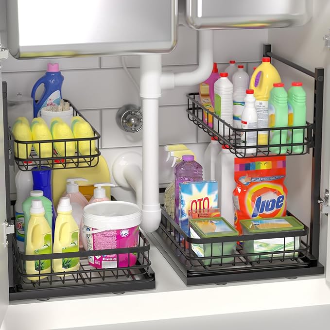 Under Sink Organizer, Adjustable Height Pull-Out Kitchen Storage Organization,15.8" x 11.8" x 16.5",2-Tier Kitchen Shelf,Bathroom Drawer Organizer, Black-NeatNest
