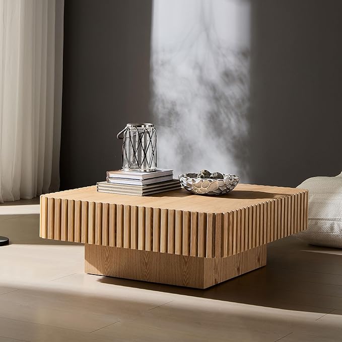 KEVINSPACE Square Wood Coffee Table, Fluted CoffeeTable Handcraft Drum TeaTable CenterTable for Living Room, Modern Wooden CocktailTable for Small Space, Easy Assembly 35.43" 15.75" H ASH