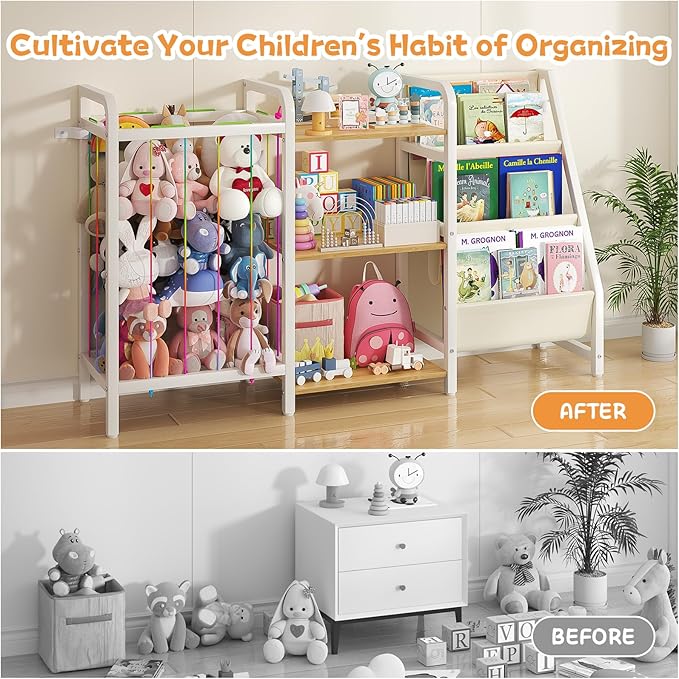 B1 Kids Bookshelf and Toy Storage, 3-Tier Book Shelf for Kids Rooms, Sling Baby Bookcase with Stuffed Animal Storage, Montessori Toddler Bookshelf for Nursery, Bedroom, Playroom Burlywood
