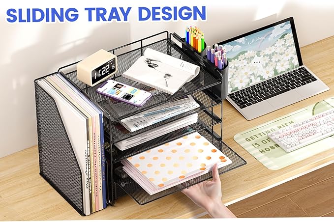 Desk Organizers and Accessories, 5-Tier Paper File Organizer with Drawer & Pen Holder, Office Desk Accessories Workspace Desktop Organizer for Office Supplies(Black)-NeatNest