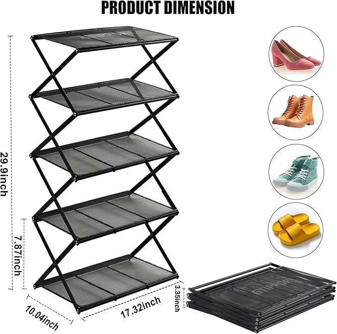 Shoe Rack for Entryway 5 Tier Foldable Shoe Rack Without Assembly Collapsible Metal Shoe Organizer Folding Shoe Storage Rack for Door, Living Room, Black-NeatNest
