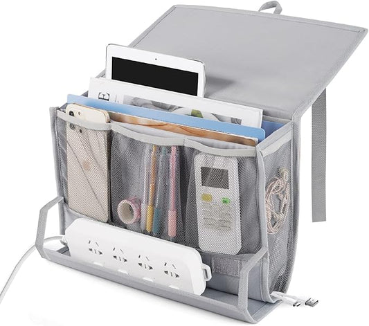 Bedside Storage Organizer with Power Strip Holder and Adjustable Straps Bed Hanging Bag for Home Bunk Bed Dorm Sofa (Light Gray)-NeatNest