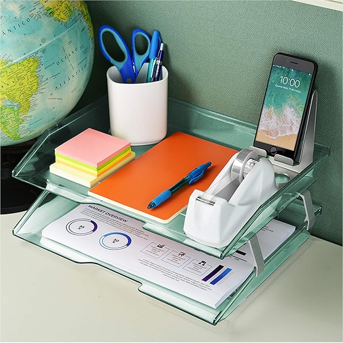 Acrimet Facility 2 Tier Letter Tray, Side Load, Letter Size/A4, Desktop File Organizer, Plastic (Clear Green Color)-NeatNest