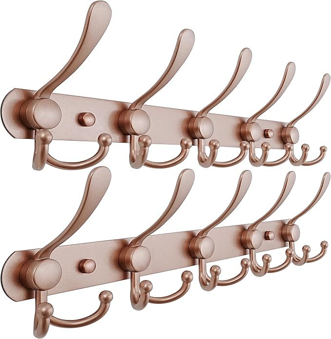 Dseap Coat Rack Wall Mounted - 5 Tri Hooks, Heavy Duty, Stainless Steel, Metal Coat Hook Rail for Coat Hat Towel Purse Robes Mudroom Bathroom Entryway (Rose Gold, Pack of 2)-NeatNest