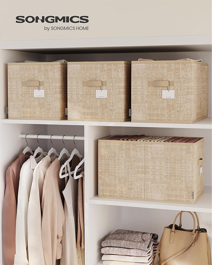 SONGMICS Storage Baskets, Set of 3 Fabric Storage Bins, 19.7 x 11.8 x 11.8 Inches, Foldable Closet Organizer for Shelves, 2 Handles, Label Holders, for Bedroom, Living Room, Sand Beige UROB450K01