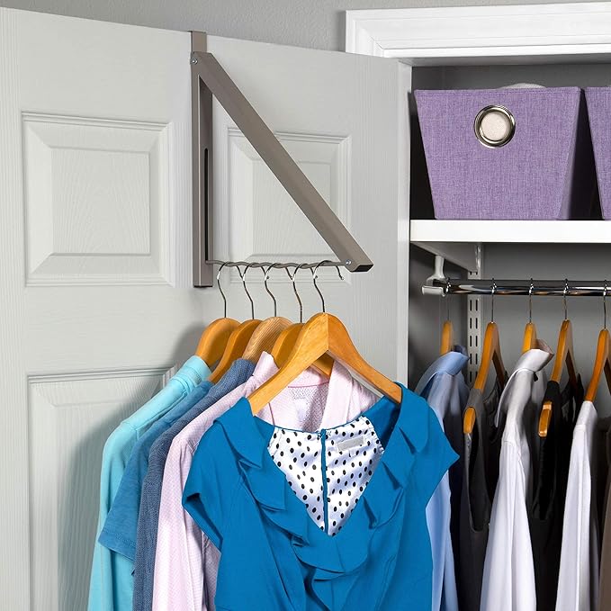 HOLDN’ STORAGE Over The Door Hanger - Single Foldable Rack Organizer for Hanging Clothes, Coats & Towels, Ideal for Dorm Rooms, Laundry, Bathrooms, Etc - Holds up to 20 LBs, Collapsible - Satin Nickel