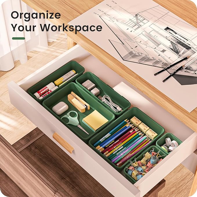A-LuGei 【28PCS】 Drawer Organizer, Bathroom Organizers and Storage, Makeup organizer, Desk drawer organizer, Storage Bins for Kitchen Office Bedroom Vanity Jewelry Pantry Garage【ArmyGreen】【4Size】-NeatNest