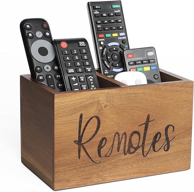 Acacia Wood TV Remote Holder, Caddy and Organizer for Table, Vintage Farmhouse Desk Caddy (Brown, 4+ Remotes)-NeatNest