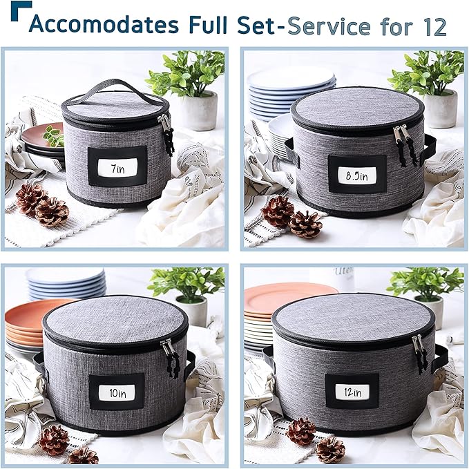 Fine China Storage Containers, 5 Piece Quilted Dish Storage Containers, Mug, Cup, and Plate Dish Organizer with Felt Dividers, Service of 12 Dinnerware Boxes for Moving, Seasonal Organization, Grey-NeatNest
