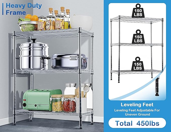 3-Tier Shelf Organizer, Kitchen/Bathroom Storage Shelves, NSF Certified, Adjustable Metal Wire Shelving Unit, 14x24x30 inches, 9 lbs