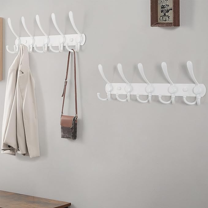 Dseap Wall Mounted Coat Rack - 5 Tri Hooks, Heavy Duty, Stainless Steel, Metal Coat Hook Rail for Coat Hat Towel Purse Robes Mudroom Bathroom Entryway (White, 2 Packs)-NeatNest