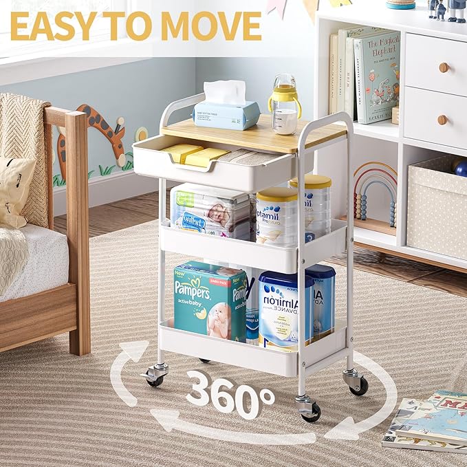 TOOLF 3-Tier Metal Utility Rolling Cart with Drawer and Wooden Table Top, Storage Cart White Trolley Kitchen Organizer Rolling Desk with Locking Wheels for Office, Classroom, Home, Bedroom-NeatNest