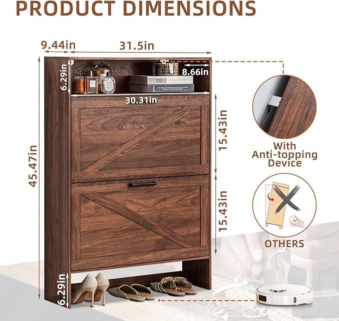 Shoe Storage Cabinet with 2 Flip Drawers,Farmhouse Narrow Shoe Organizer with Legs,Freestanding Hidden Slim Shoe Rack Cabinet with Open Storage for Entryway,Hallway, Foyer, Rustic Brown-NeatNest