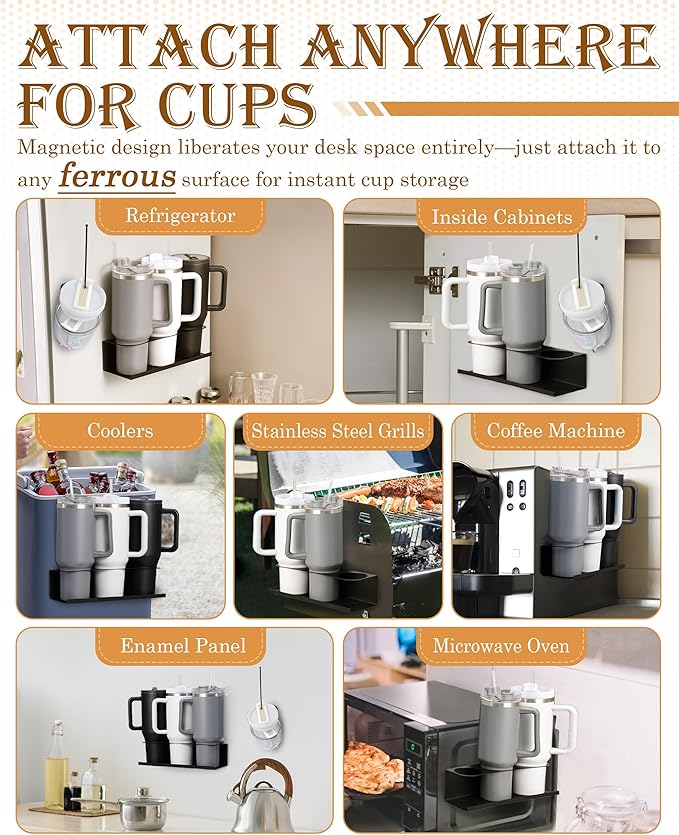 Black 2 Pack Magnetic Cup Holder with Lid Holder (1PC) Fridge for 30 & 40 oz Tumbler - Strong Fridge Mount - Water Bottle Organizer for Metal- No Drill Cup Accessories for Car, Kitchen, Office-NeatNest