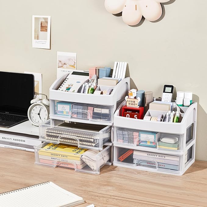 Desk Organizer with Drawers, 3 Drawers Storage Organizer, Desktop Storage Drawers for Office/School Supplies, Plastic Stationary Makeup Organizer, Desk Storage Box for Office, School, Home-NeatNest