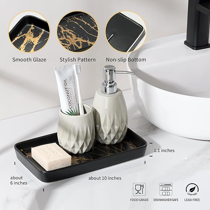 Bathroom Vanity Tray for Countertop,2PC Rectangle Marble Tray Set,Decorative Bathroom Organizer for Scrubber, Lotion Bottles, Perfume, Jewelry, Candle, Key Trinket Ring(Large,Black)-NeatNest