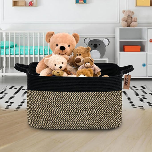 COMFY-HOMI Large Rectangular Blanket, Cotton Rope Woven for Storage, LaundryHamper, Storage,Toy Organizing Bin with Handle, Organizer and Storage-22x15x12-Black/Jute-NeatNest