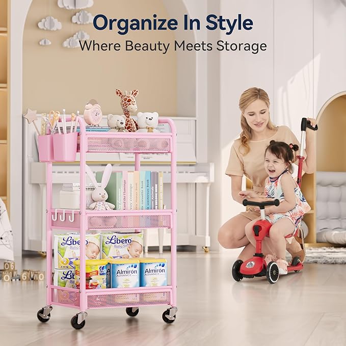 YASONIC 3 Tier Rolling Cart – Metal Utility Storage Cart with Wheels, Craft Cart Organizer with Hanging Cups, Hooks, Mesh Basket for Bedside Kitchen Office Art, Pink