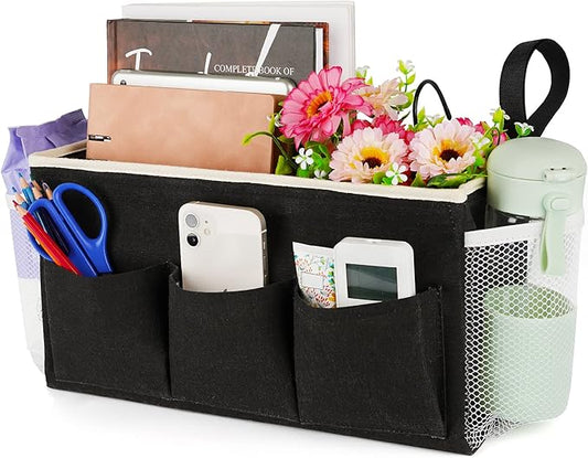 Bedside Caddy Bedside Organizer Bedside Storage Caddy with Fixed Straps and Water Bottle Holder for Home College Dorm Bunk Bed Hospital Bed Crib Bed Rails (Black)-NeatNest