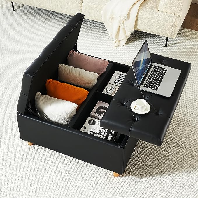 GAOMON Leather Storage Ottoman Coffee Table with Lift Top, Faux Leather Tufted Upholstered Ottoman with Storage, Large Square Storage Ottoman Bench for Bedroom Living Room(Leather, Black)