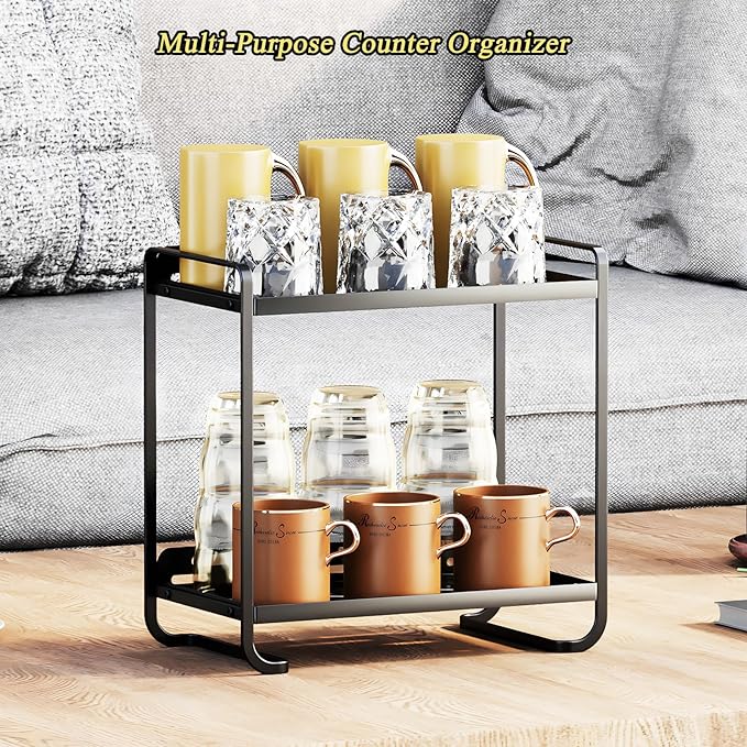 2-Tier Black Carbon Steel Bathroom Counter Organizer - Skincare Cosmetic Display Tray for Perfume, Makeup๏ผBathroom, Vanity Storage - Modern Countertop Organizer and Vanity Decor