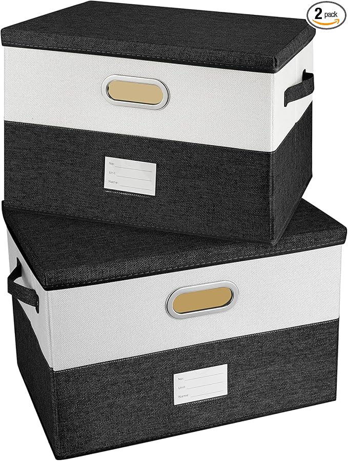 Large Linen Fabric Foldable Storage Bins with Removable Lid and Handles, Washable Storage Box Organizer Containers Baskets Cube with Cover for Bedroom,Office (Black&White, Medium(2-Pack))-NeatNest