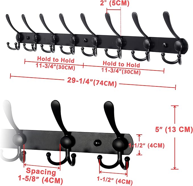 Dseap Coat Rack Wall Mount - 29.5” Long 8-Tri-Hooks Heavy Duty Coat Hanger Rail Wall Hooks for Hanging Coats Hats Clothing Clothes Purse Mudroom Entryway, Black, Pack of 2-NeatNest