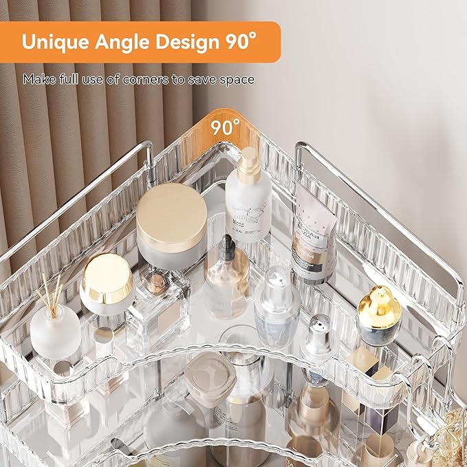 Makeup Organizer for Vanity 3-Tier Corner Bathroom Organizer Countertop with Hooks Bathroom Countertop Perfume Organizer Corner Bathroom Counter Corner Storage-Clear-NeatNest