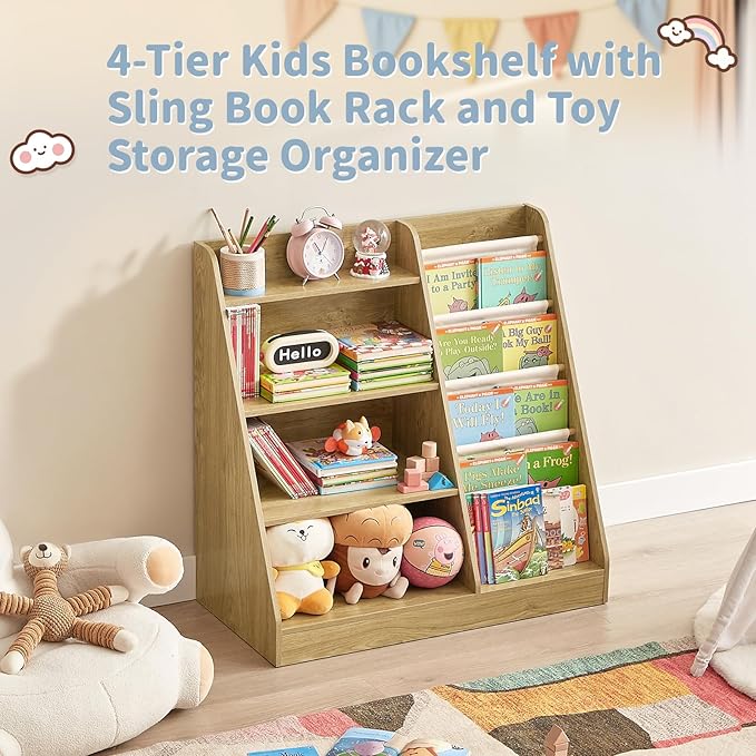 4-Tier Kids Wooden Bookshelf and Toy Storage, 4 Layer Sling Children Bookcase, Book Display Shelf for Kids Bedroom, Playroom, Nursery, Classroom